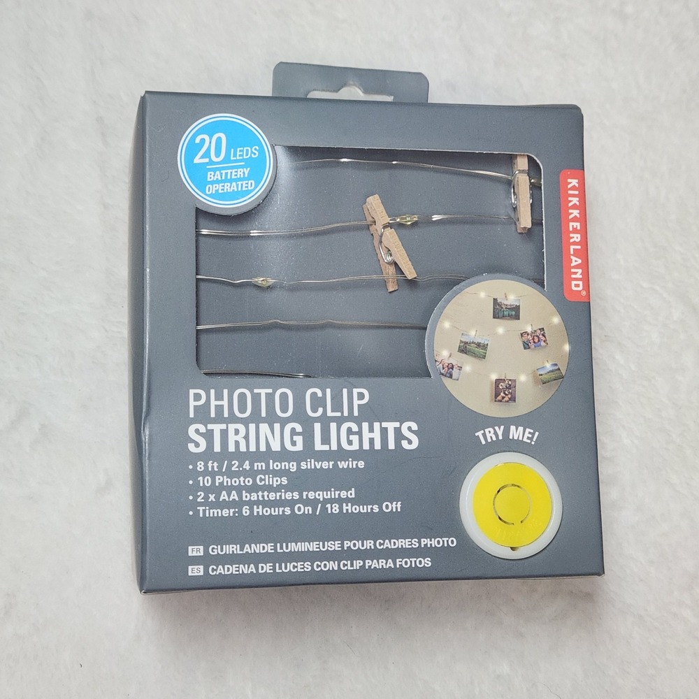 Kikkerland 8ft Photo Clip String Lights 20 LEDs Silver Wire 10 Clips XLT025B-1